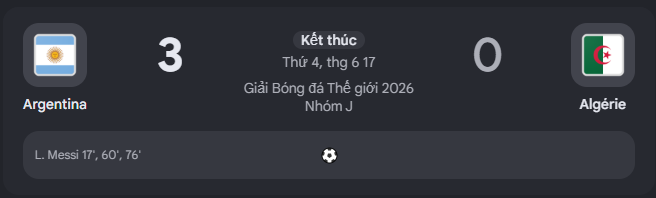 Đương kim vô địch Argentina đè bẹp Algeria với tỷ số cách biệt 3-0. 
GPLX Huế